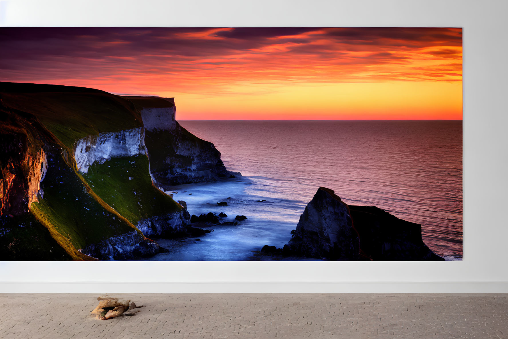 Framed Sunset Photo: Orange and Purple Skies, Coastal Seascape