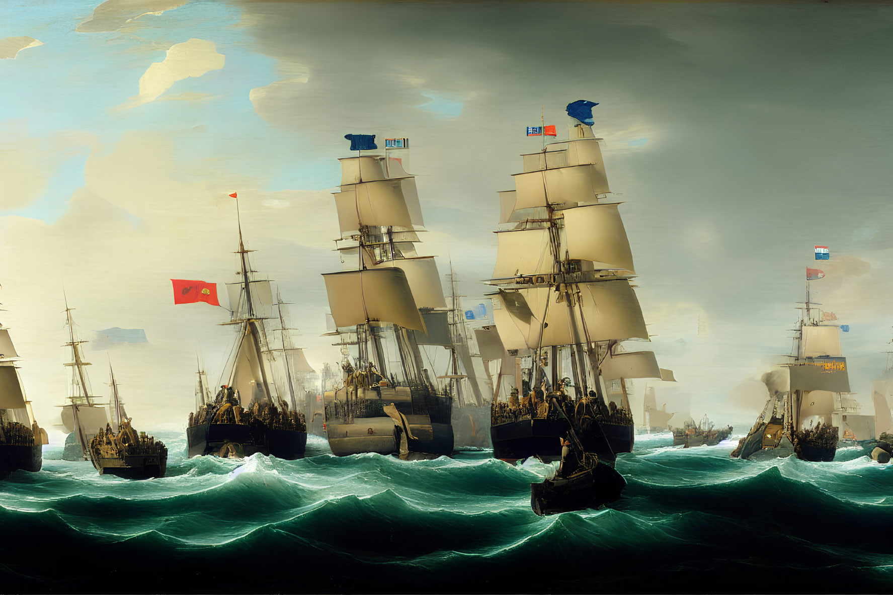 Multiple Sailing Ships in Naval Battle on Tumultuous Seas