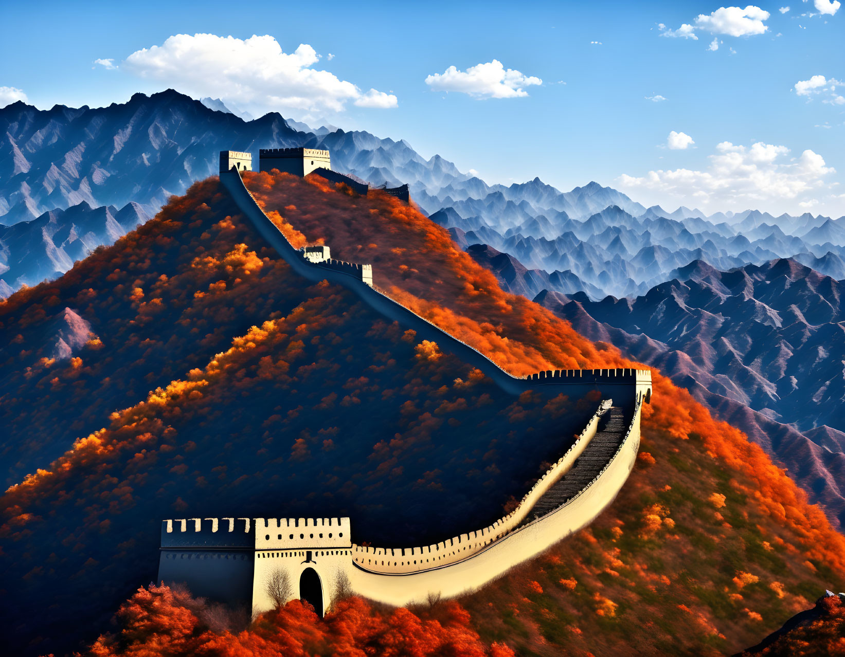 Majestic Great Wall of China in Autumn Mountains