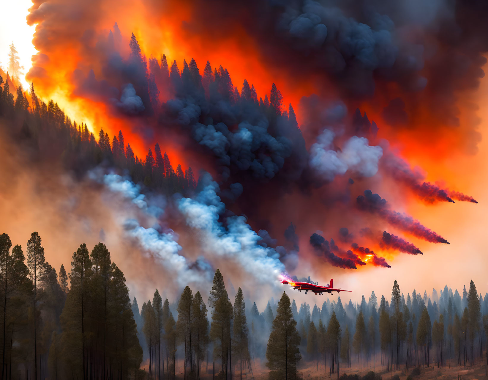 Intense forest fire with firefighting aircraft in action