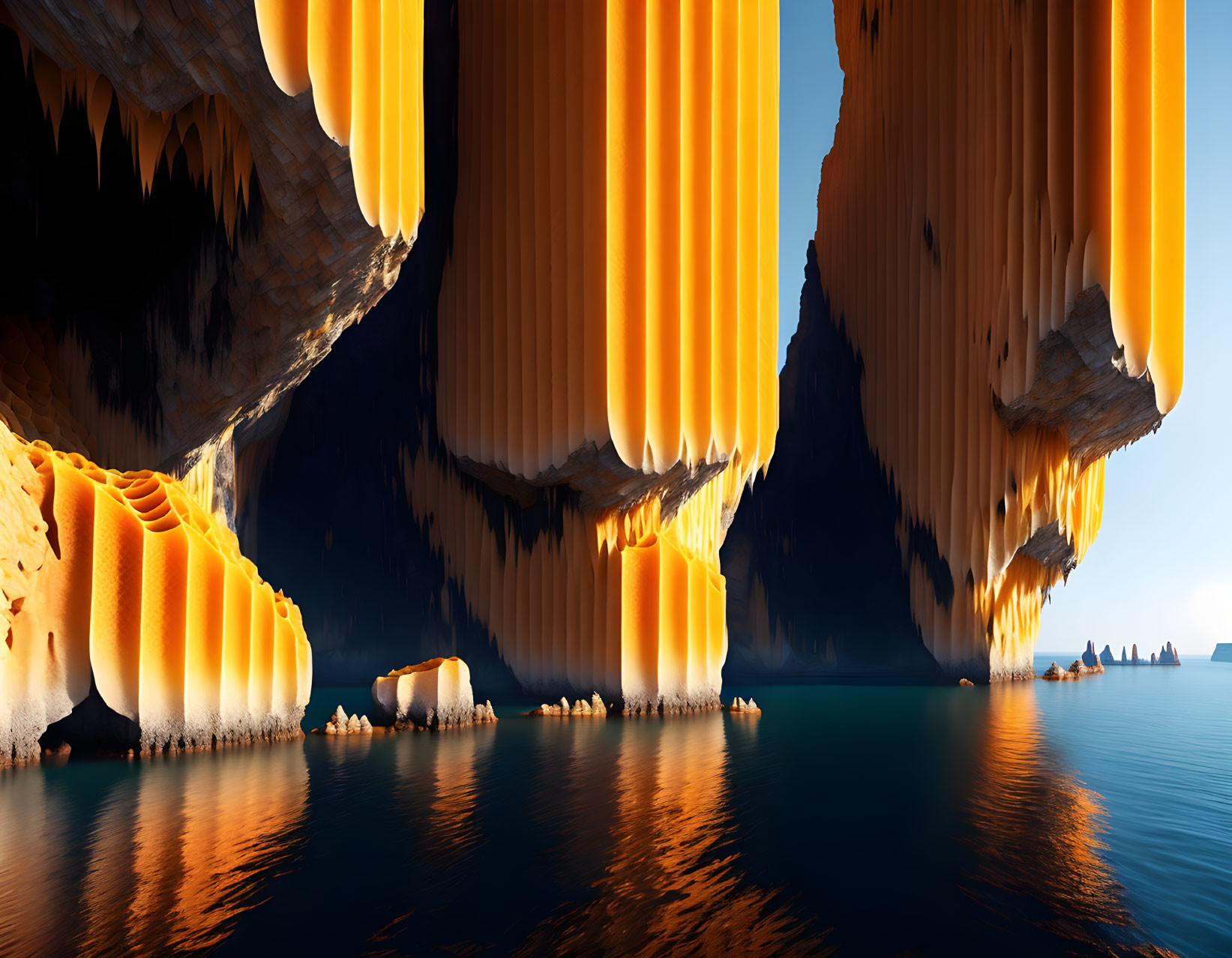 Otherworldly Cave with Vertical Orange Formations and Turquoise Water