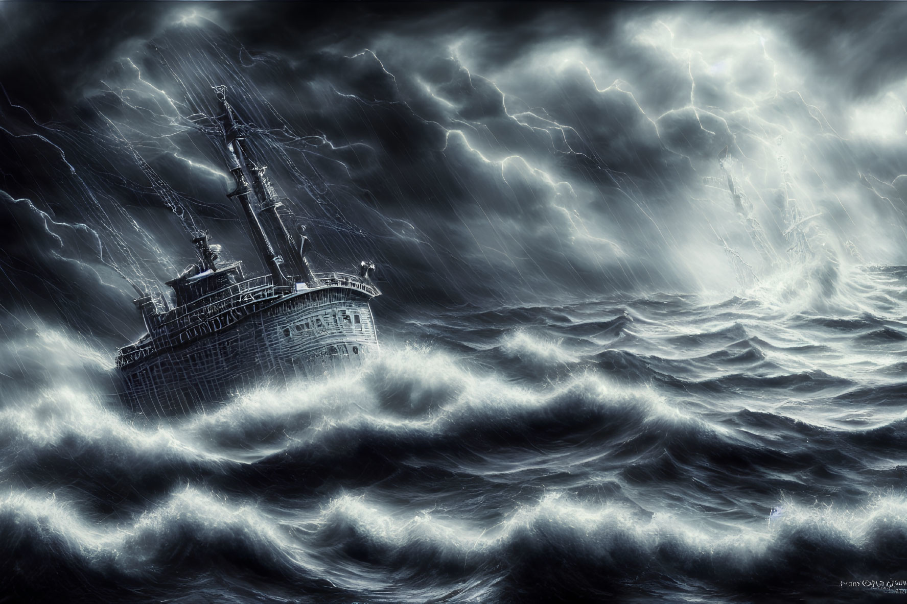 Stormy seas with lightning striking ship in fierce battle