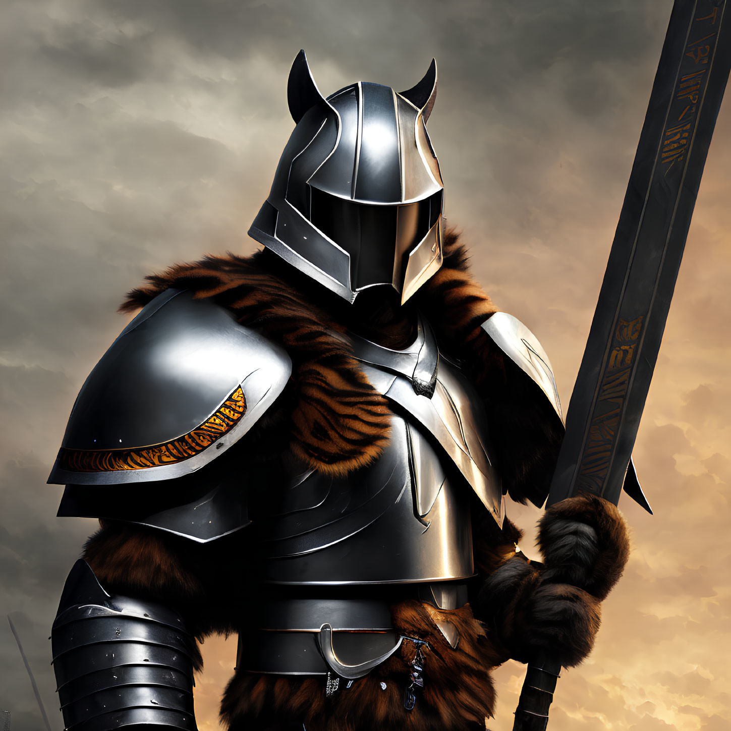 Knight in Shining Armor with Sword Against Cloudy Sky