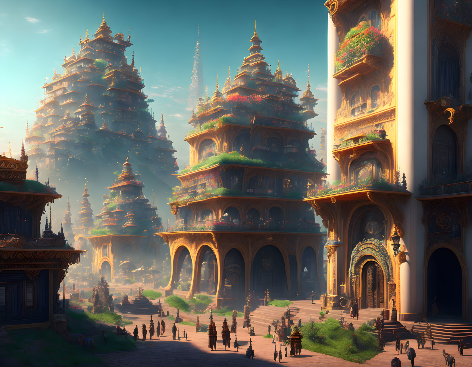 Digital artwork: Ancient Asian city with ornate towers and glowing ambiance