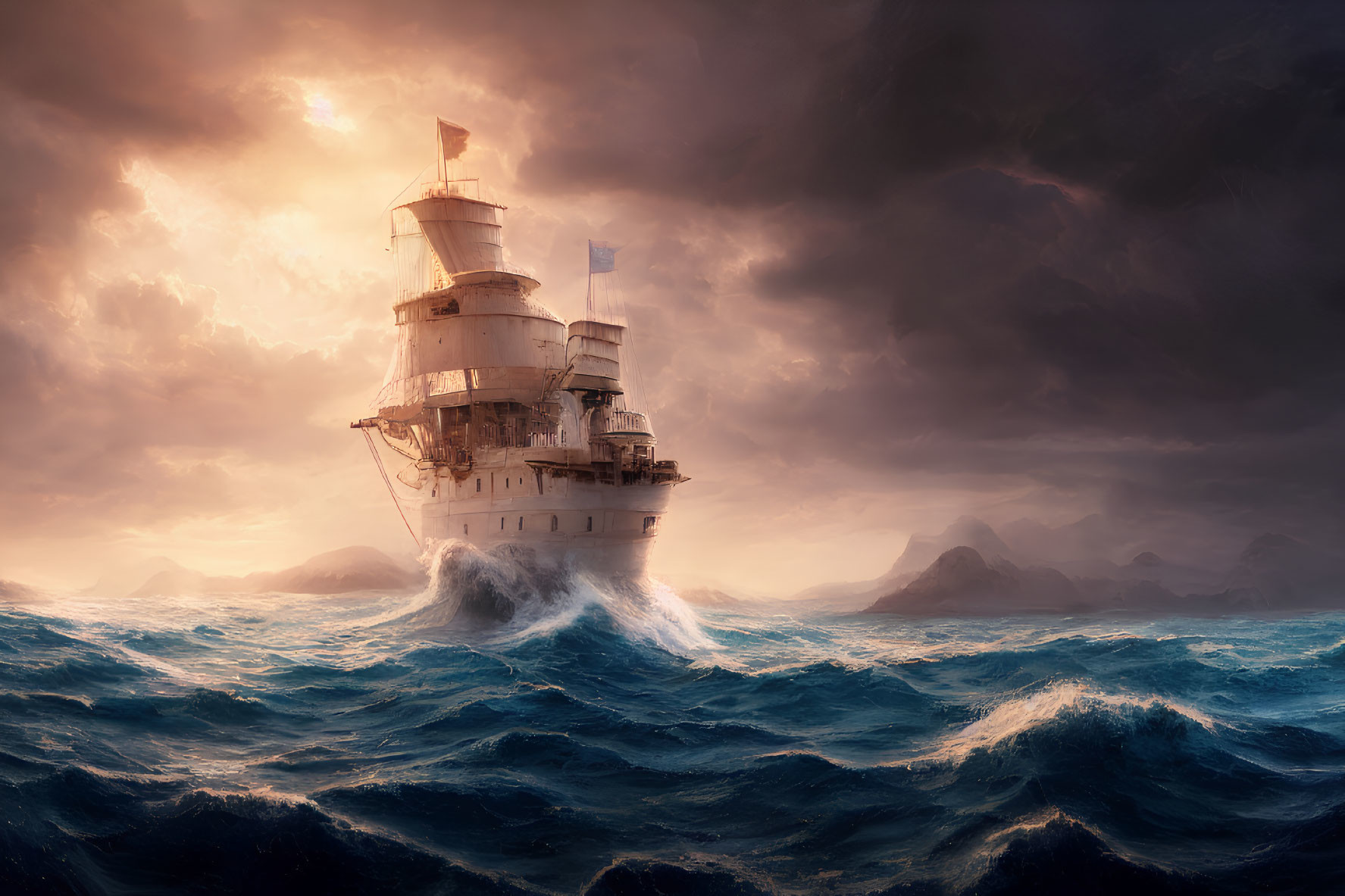 Ship navigating turbulent seas under dramatic stormy sky