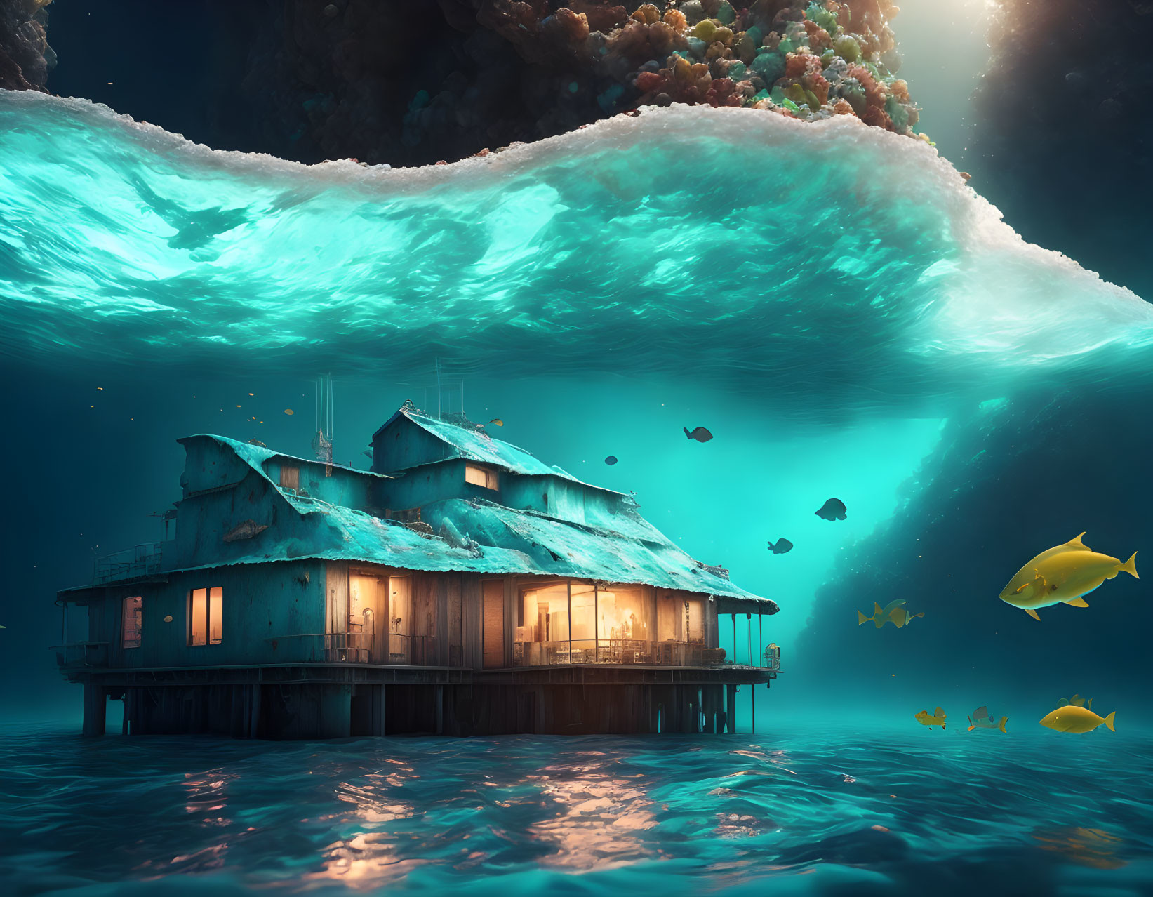 Submerged house with illuminated windows in coral reef scene