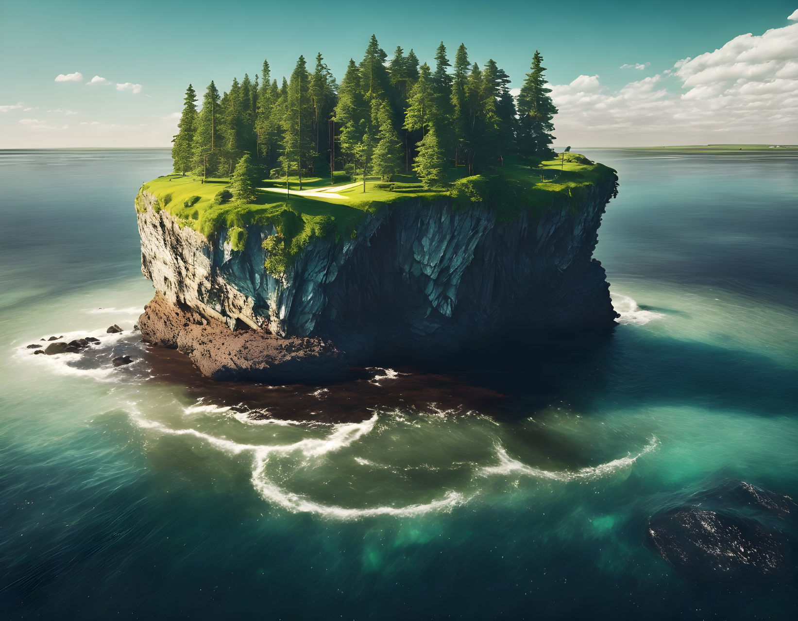 Cliff Island with Lush Green Trees in Tranquil Blue Sea