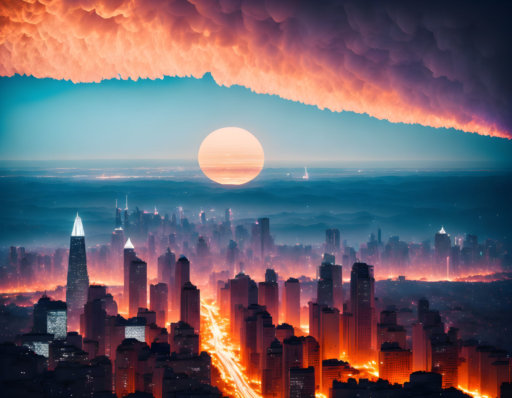 Stylized cityscape under ominous reddish sky with setting sun casting orange glow