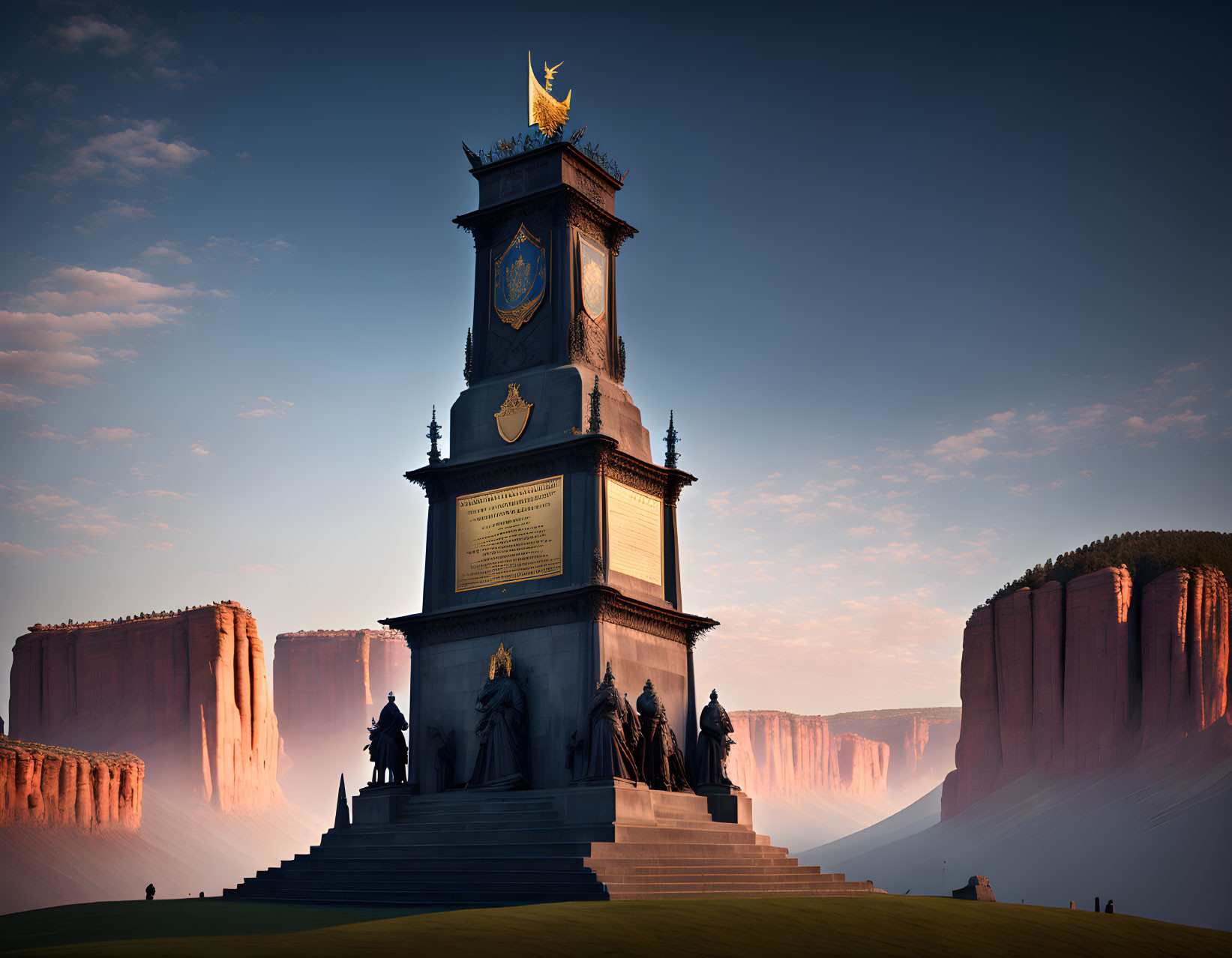 Monument with statues, gold emblem, cliffs, and serene sky