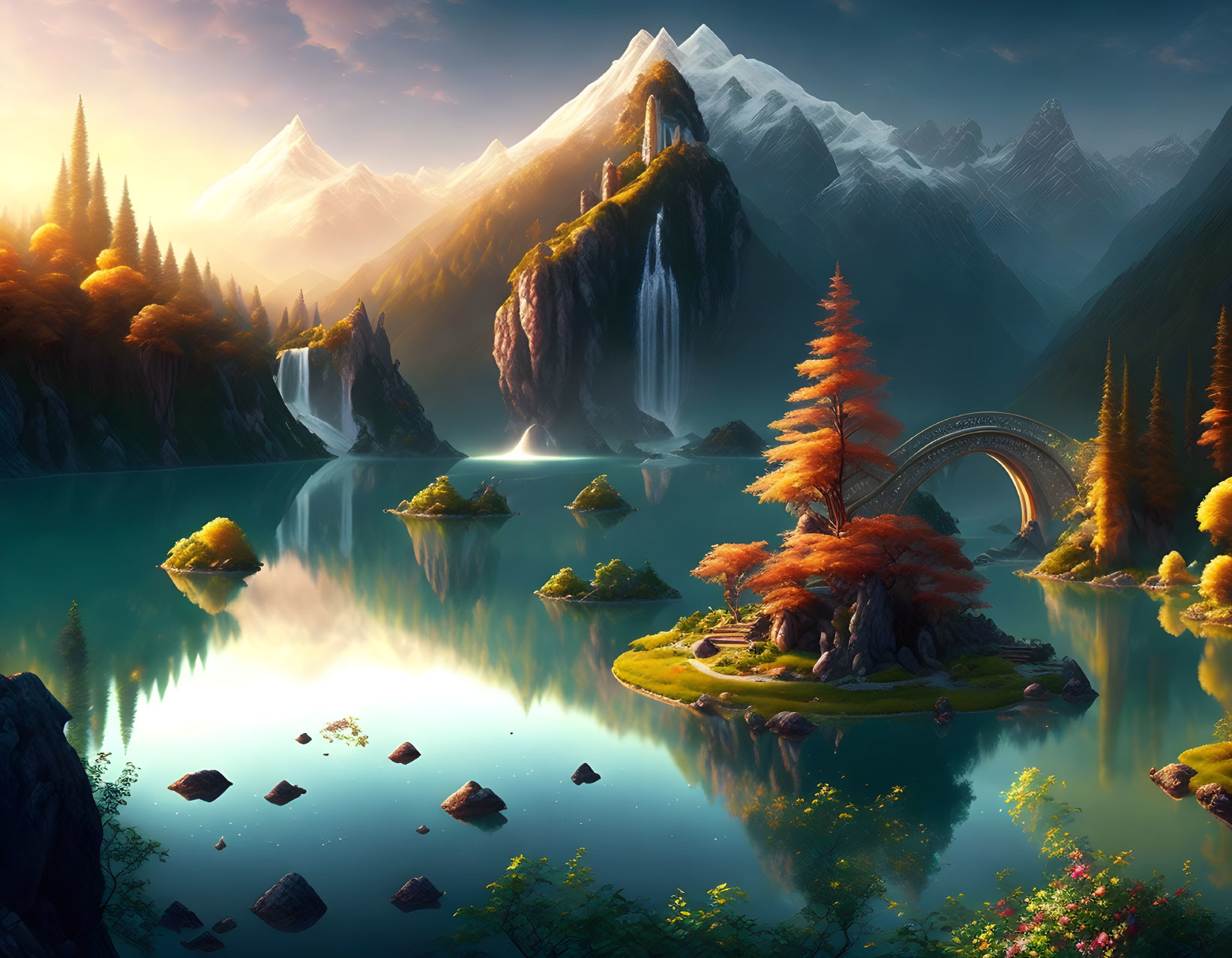 Majestic fantasy landscape with mountains, waterfalls, lake, trees, and stone bridge