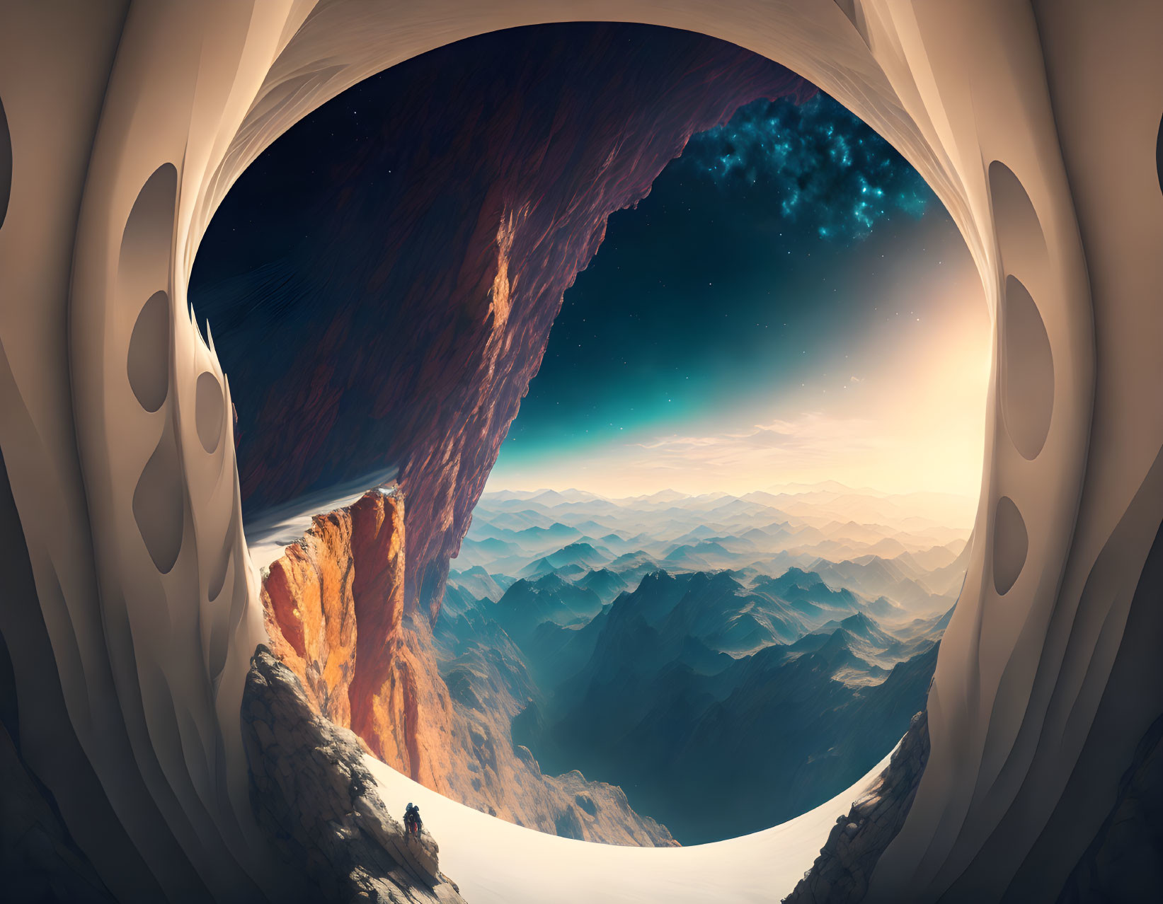 Surreal landscape with mountains under starry sky in sci-fi oval window