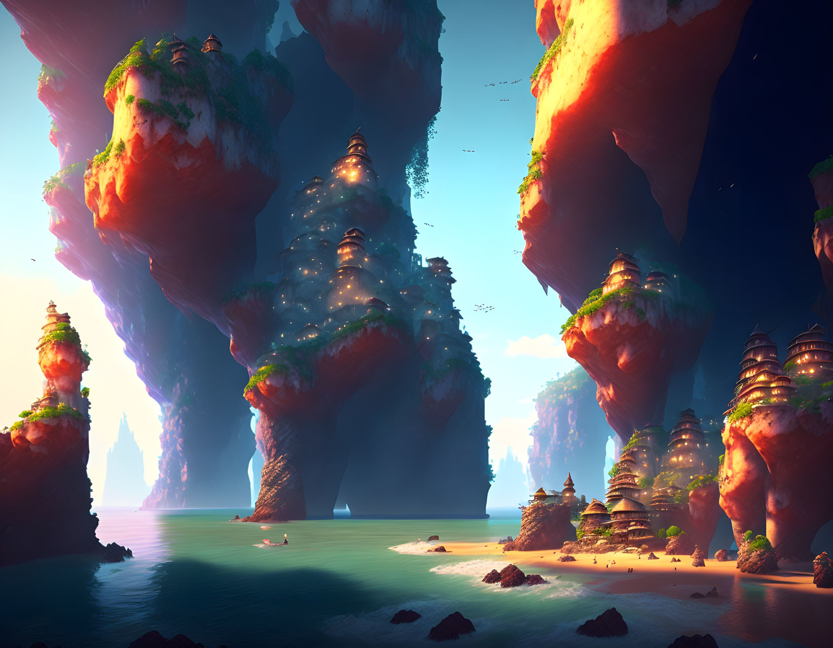 Fantastical landscape with towering rock formations and floating islands