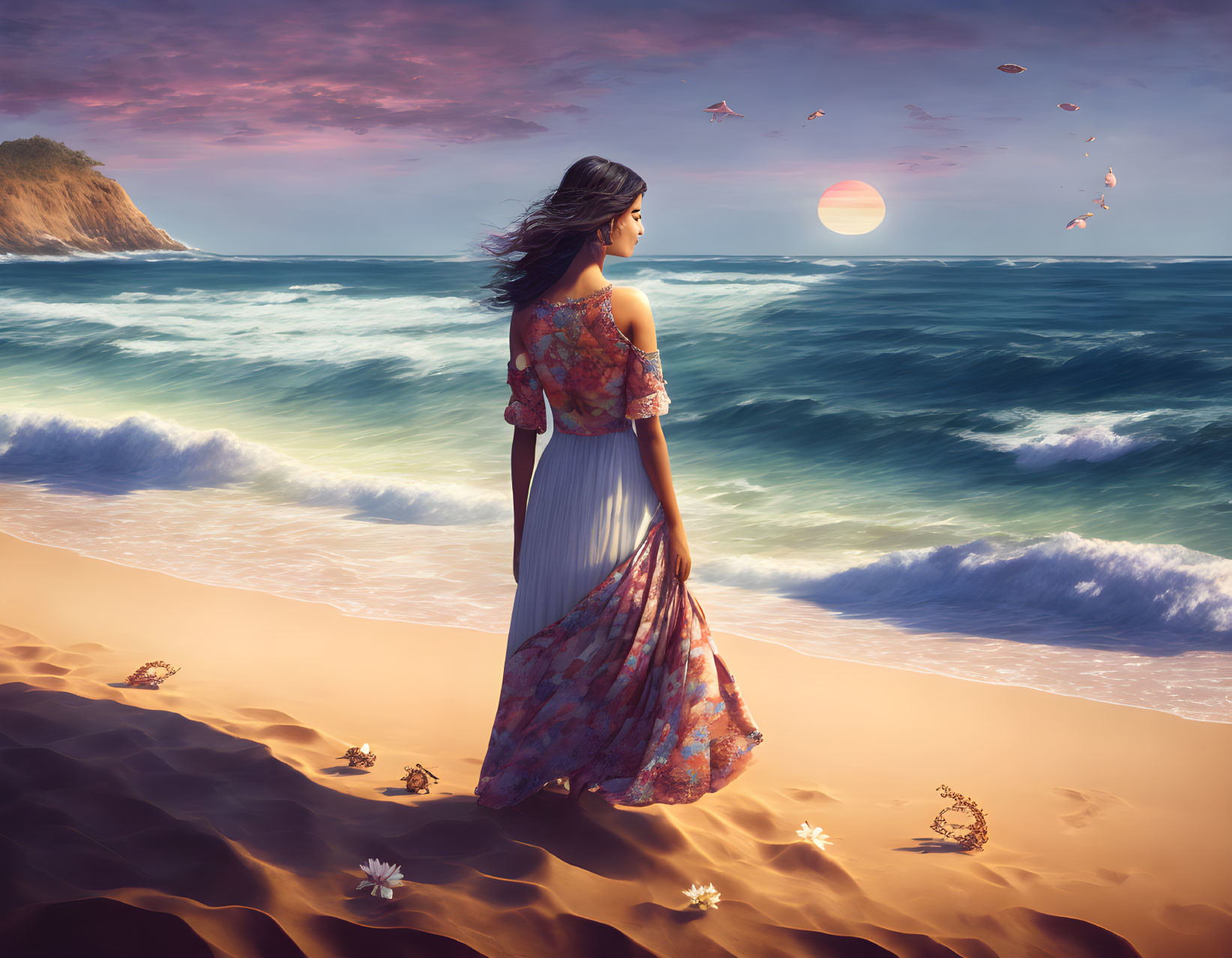 Woman in flowy dress on sandy beach at sunset