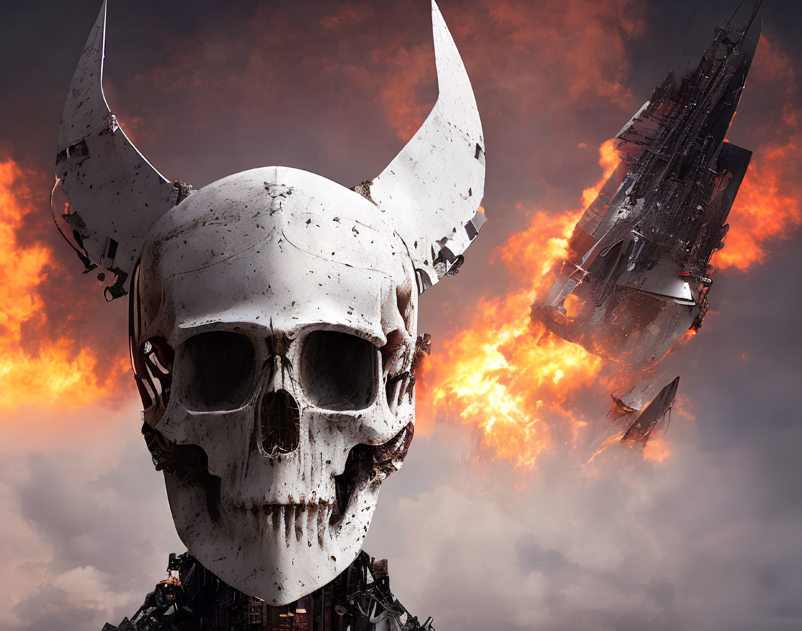 Giant skull with horns in fiery sky with wrecked spaceship.