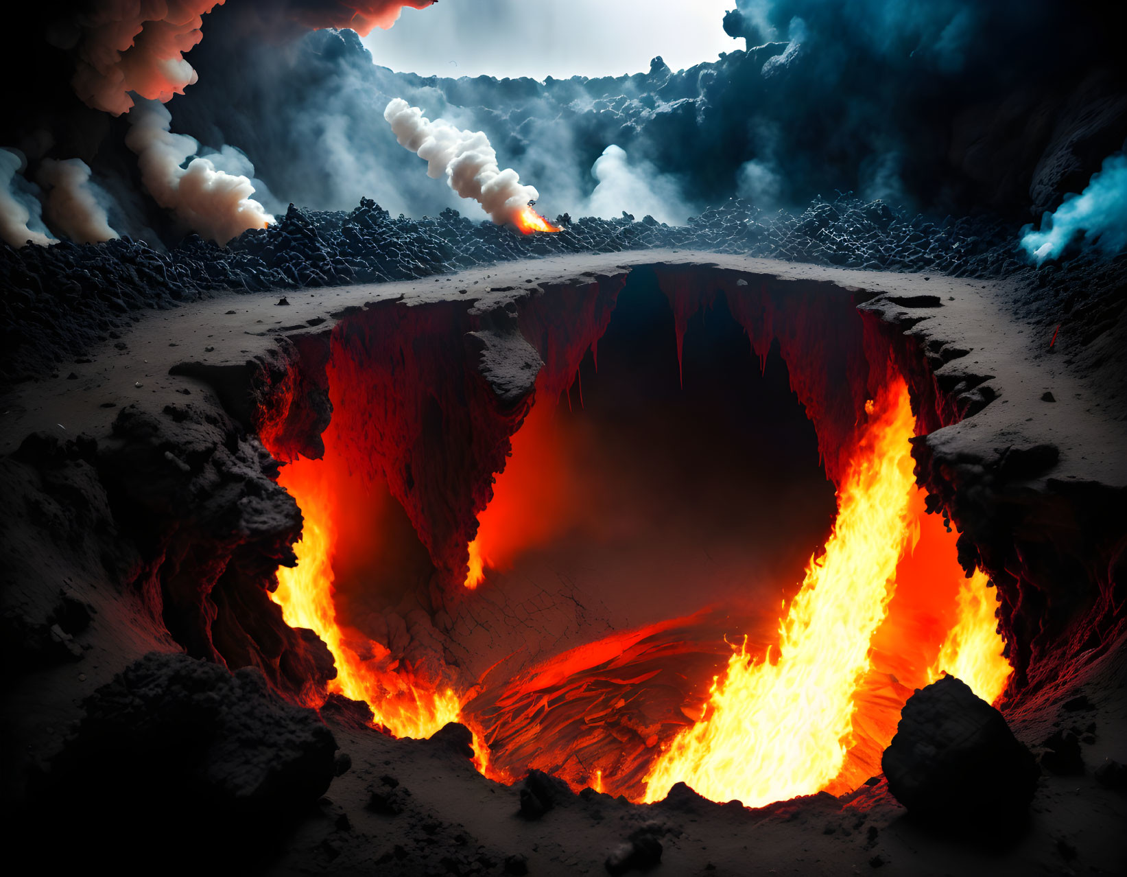 Erupting volcano with fiery lava pit and thick smoke against dark landscape