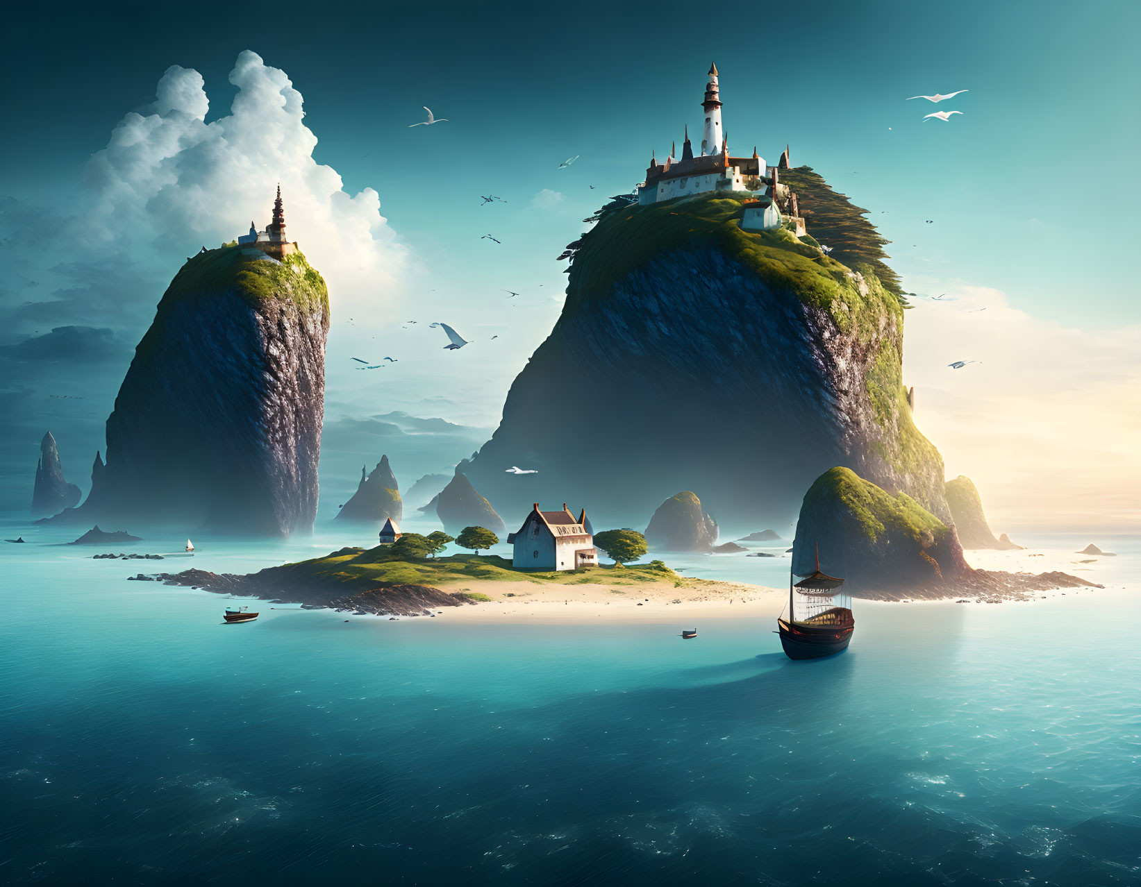 Tranquil seascape with islands, castle, house, birds, and sailing boat