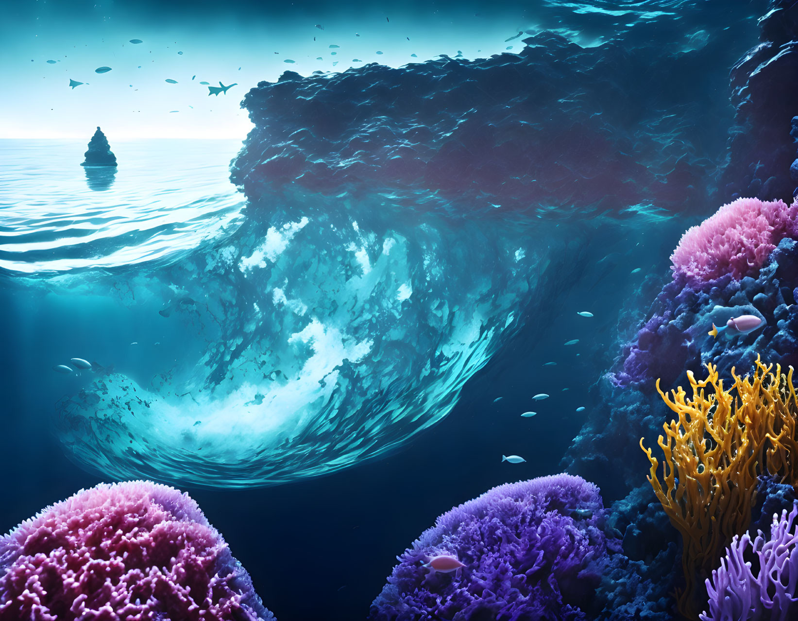 Underwater Split View: Vibrant Coral and Calm Surface