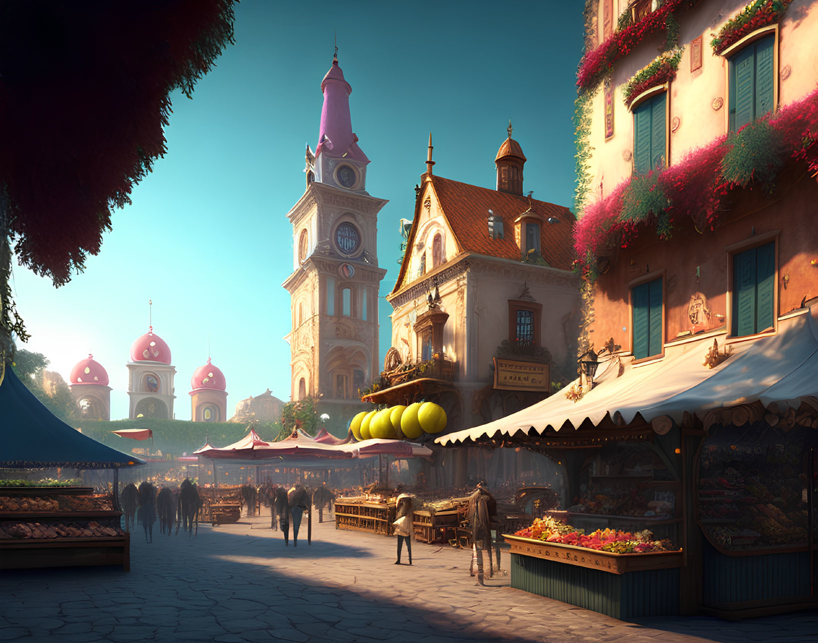 Vibrant fantasy town marketplace with clock tower and stalls