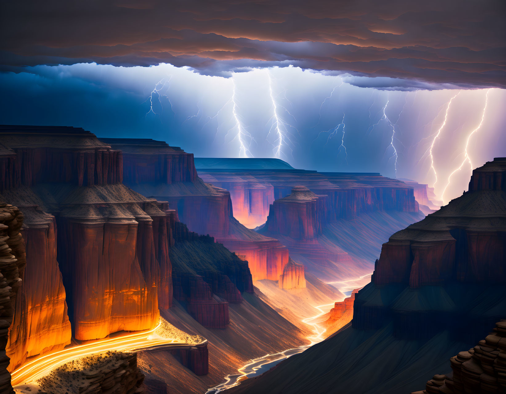 Lightning storm over canyon with winding paths and rock formations