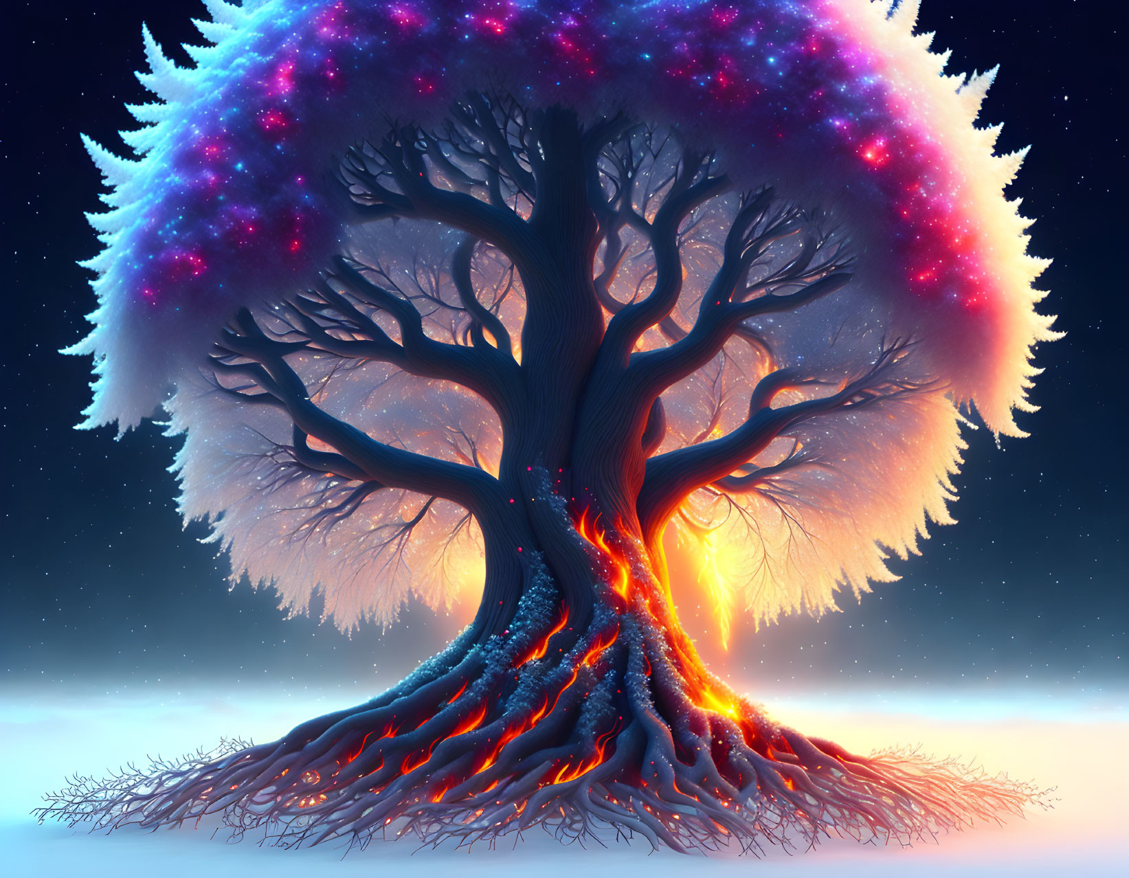 Vivid digital art of mystical tree with cosmic canopy, fiery roots