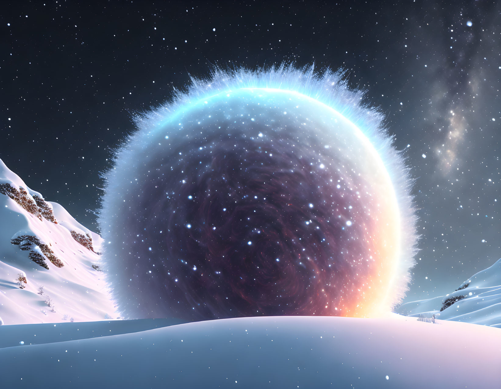 Snowy night landscape with glowing cosmic portal, dark mountains, and starry sky.