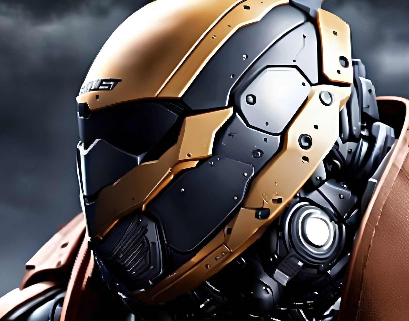 Futuristic gold and black helmet against cloudy sky