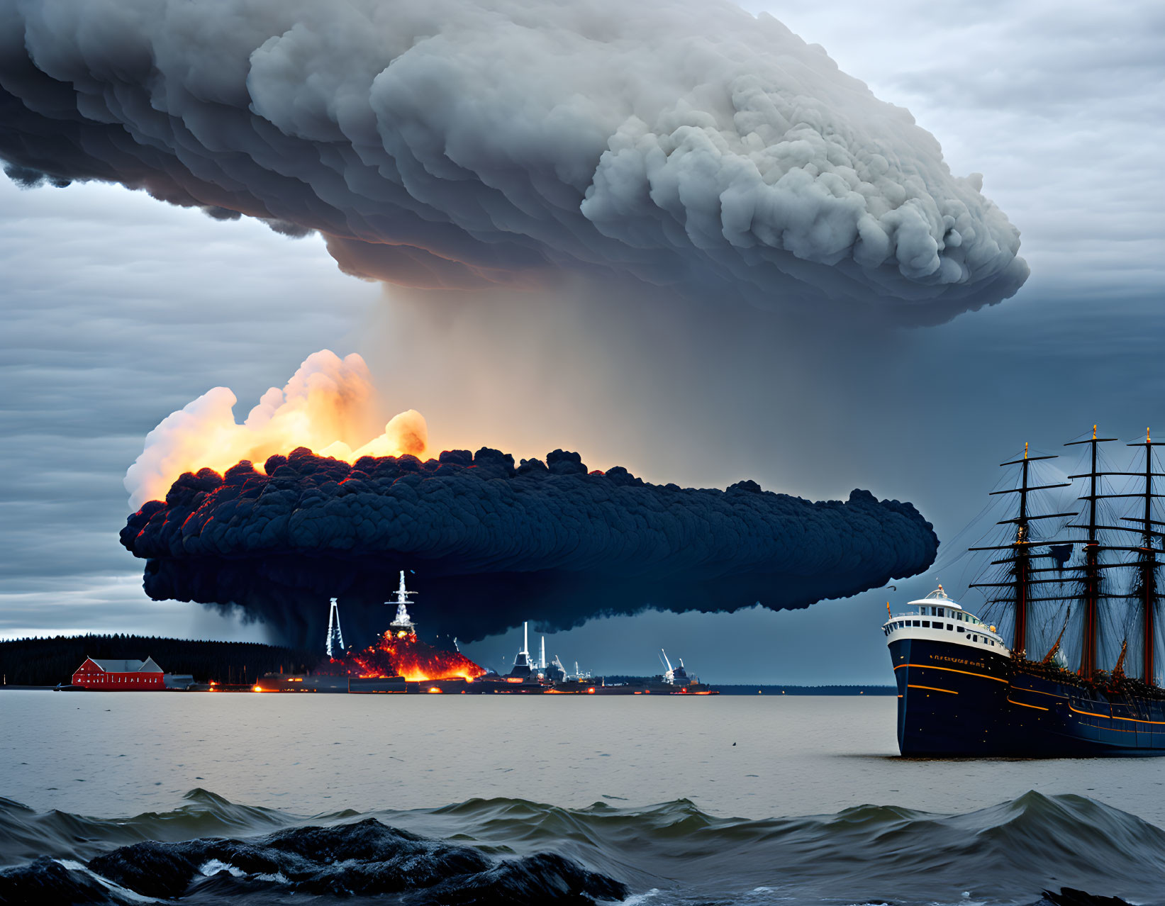 Burning harbor with ships on fire under dramatic sky