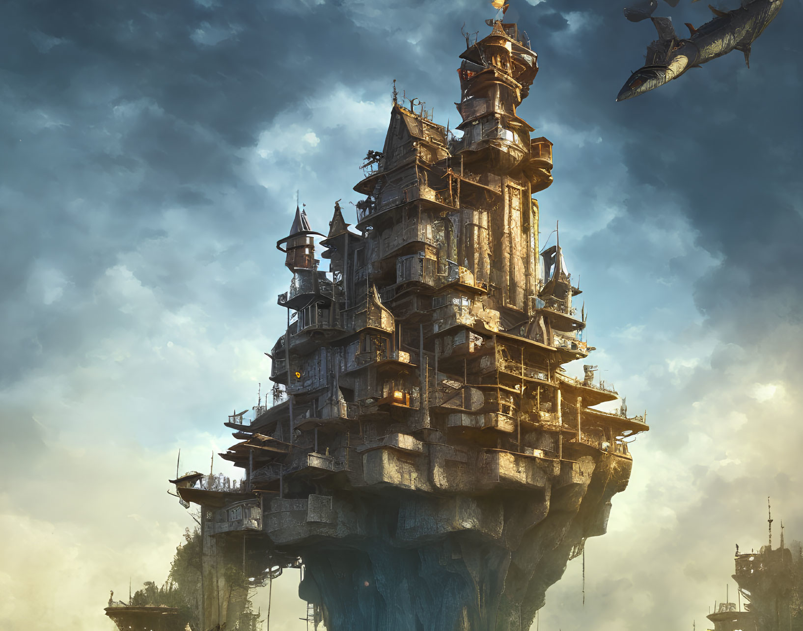 Fantastical floating rock island with towering castle and flying ships in dramatic sky.