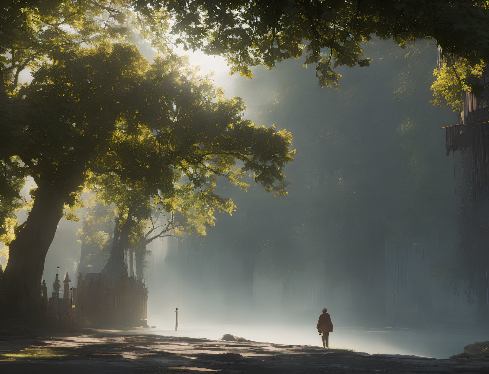 Misty sunlit path with solitary figure and towering trees