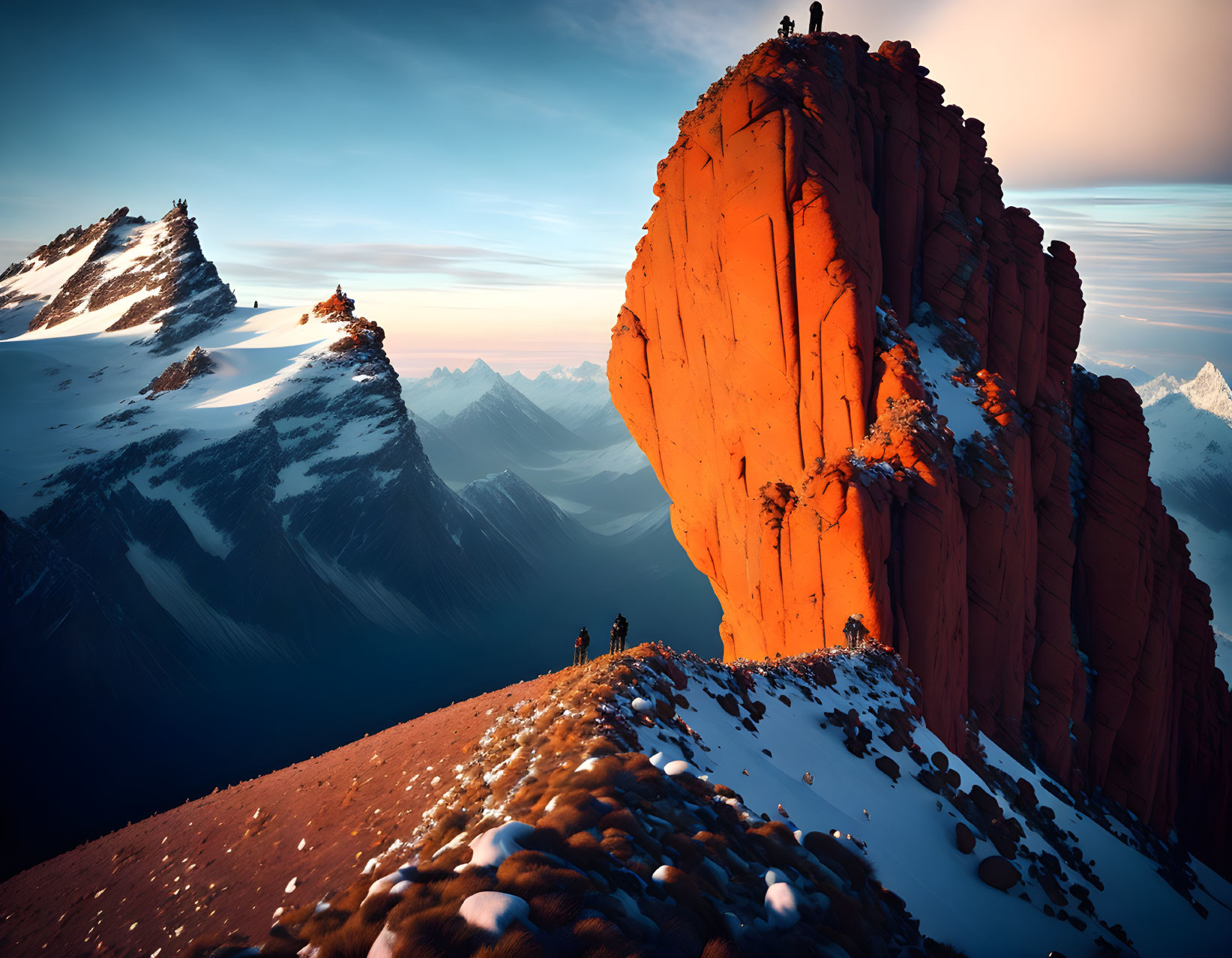 Climbers near red rock formation at sunset amid snow-capped mountains