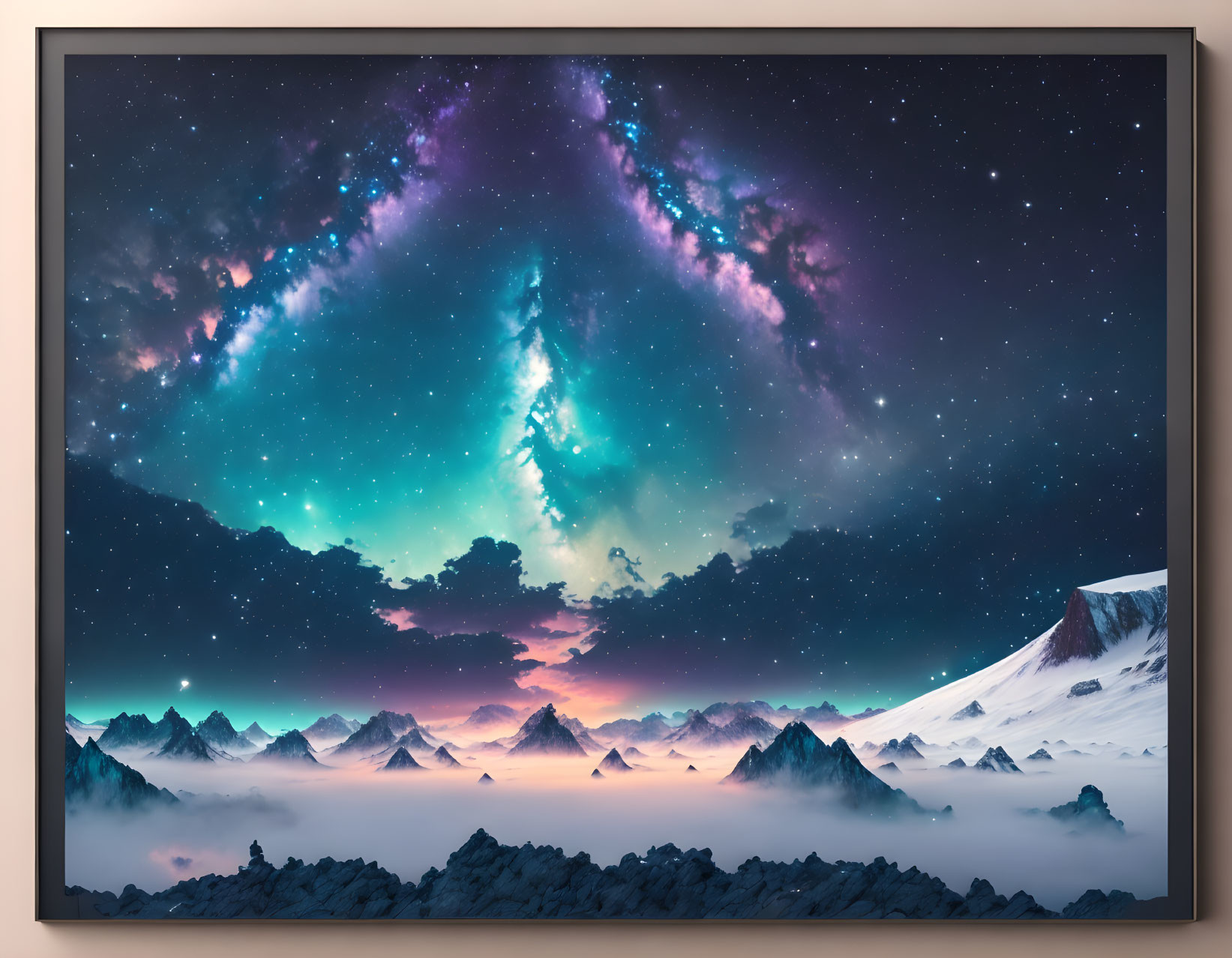 Wall painting of vibrant aurora borealis over snowy mountain range