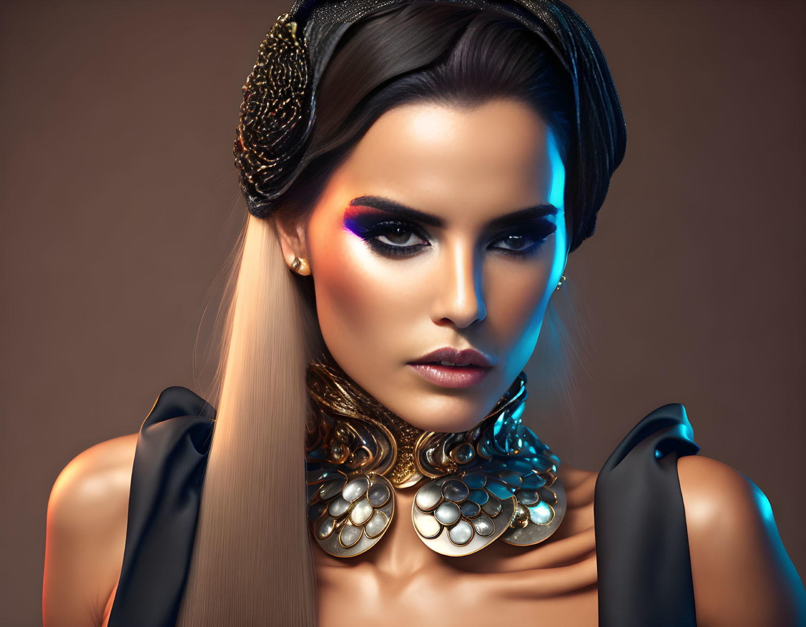 Woman with bold makeup and gold necklace in black outfit under dramatic lighting