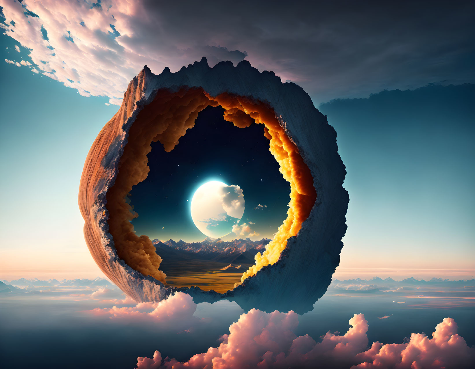 Circular Rock Formation Frames Mountain, Cloud, and Full Moon Scene