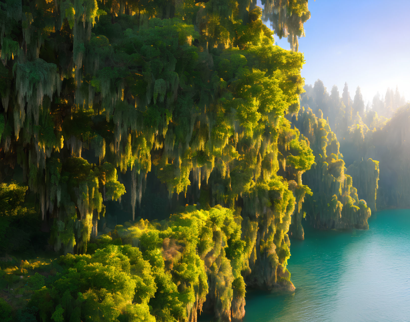 Tranquil lake with lush green foliage and misty sunlight