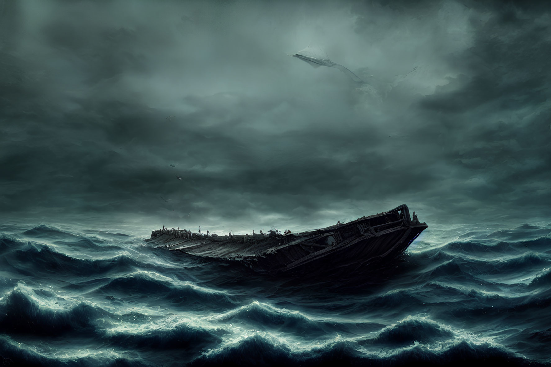 Dark seascape with derelict ship on tumultuous waves and stormy sky.