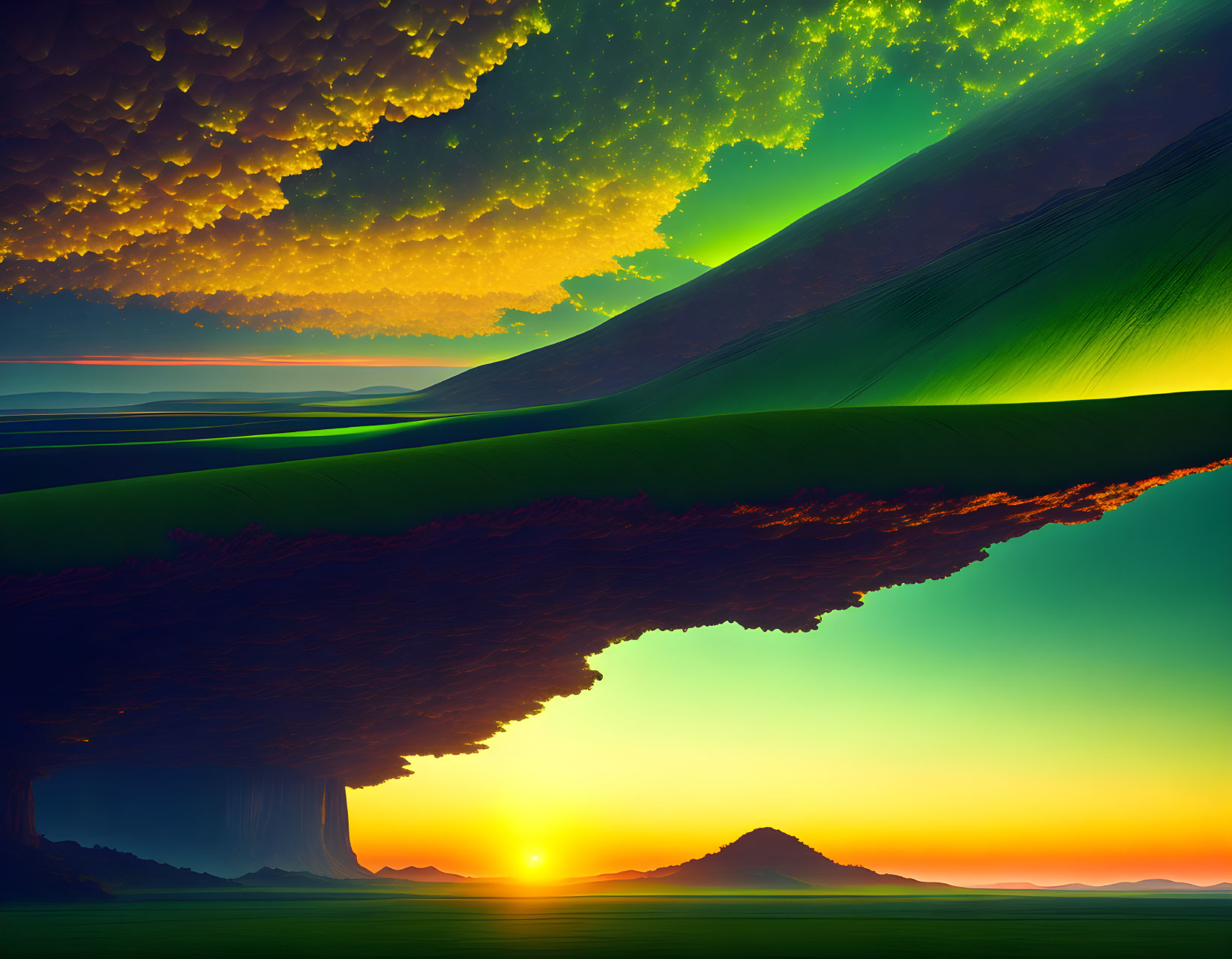 Vibrant green aurora over surreal landscape with inverted mountainous terrain