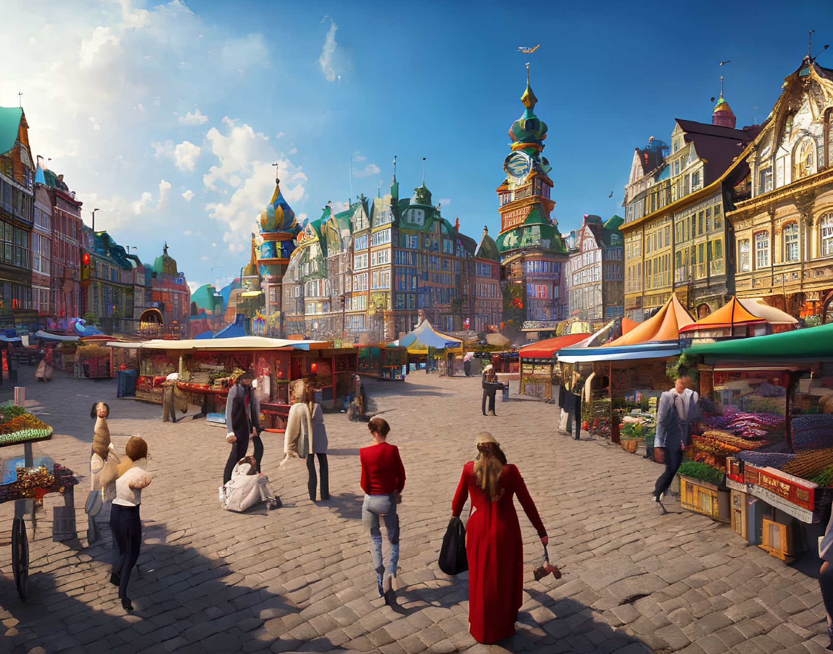 Vibrant animated market square with colorful stalls and people shopping