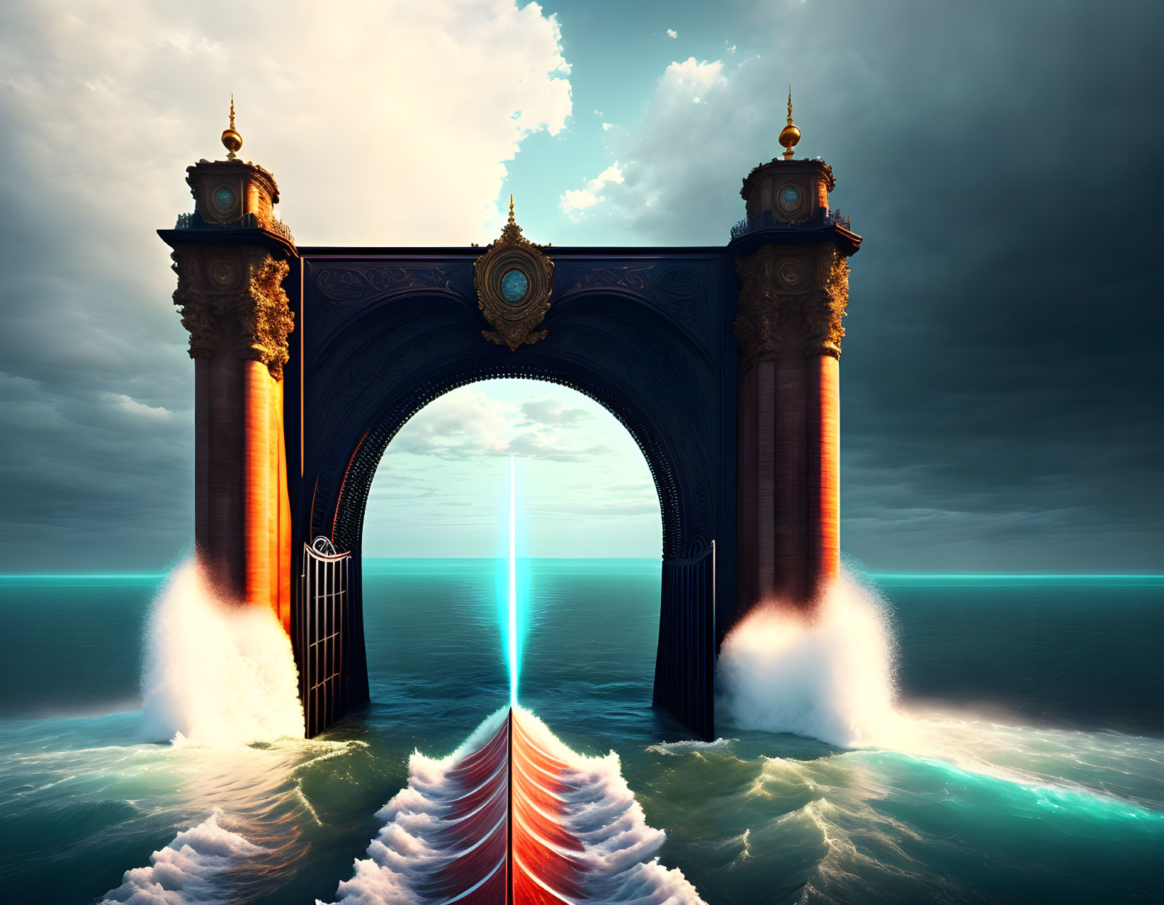 Fantasy archway with golden details over sea and cascading waterfalls