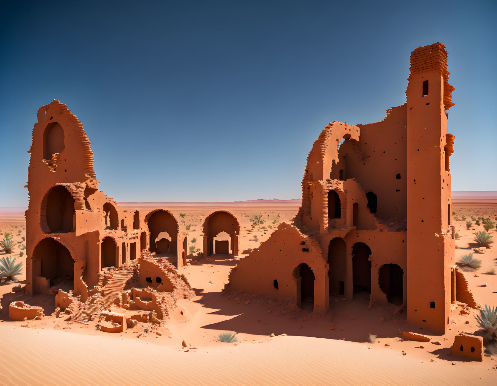 Ancient Desert Town Ruins Amid Crumbling Sandstone Buildings