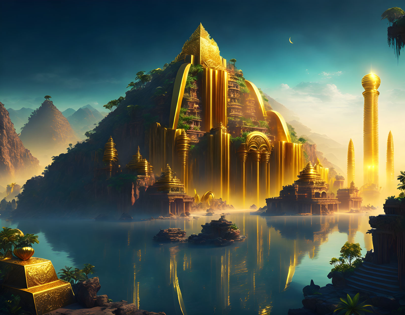 Golden city with waterfalls, temples, towers in mountainous landscape at dawn