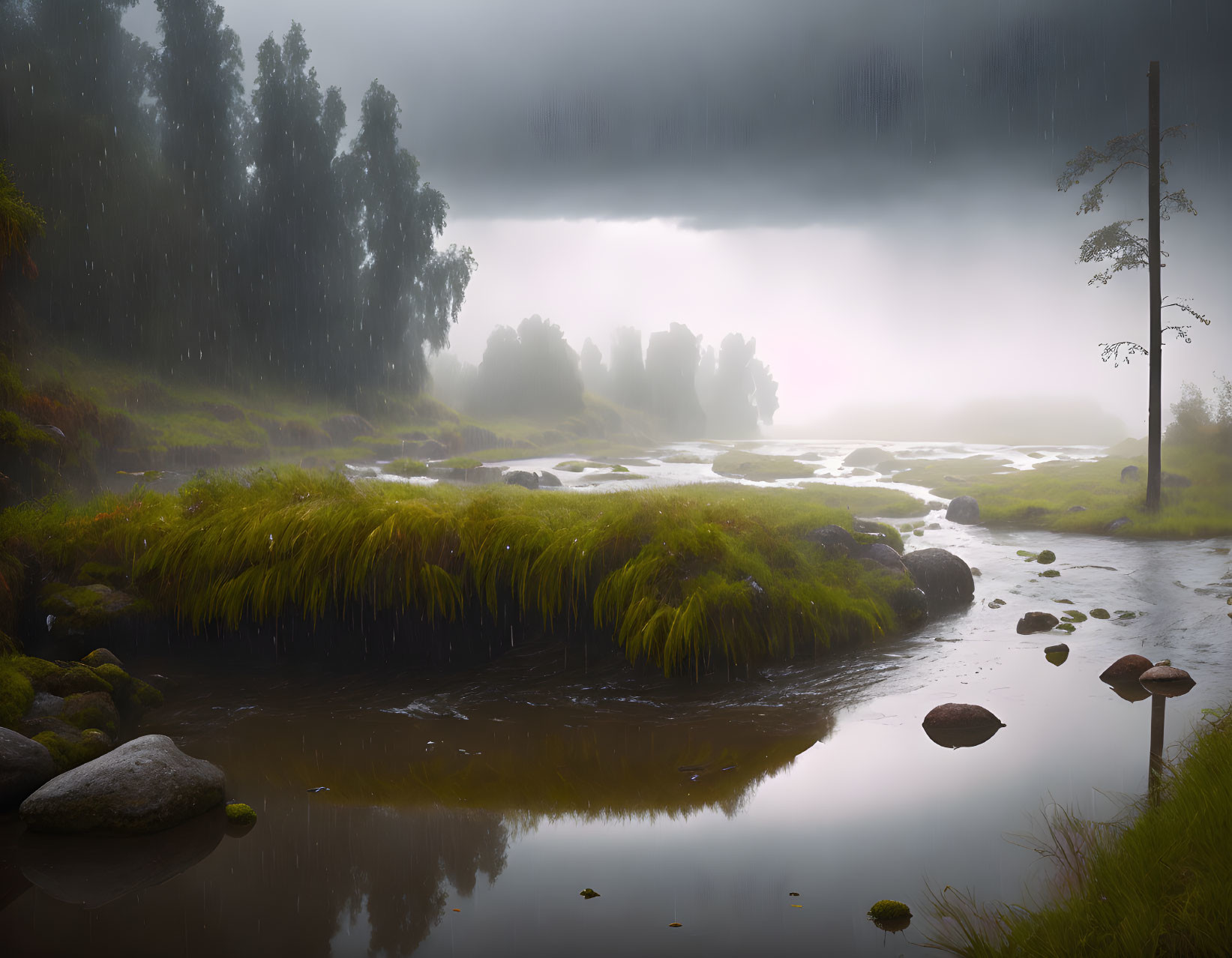 Tranquil river landscape with mist, rocks, and rainfall