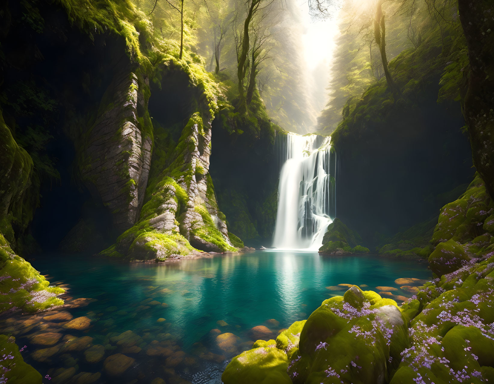 Scenic forest waterfall with sunbeams and tranquil pool