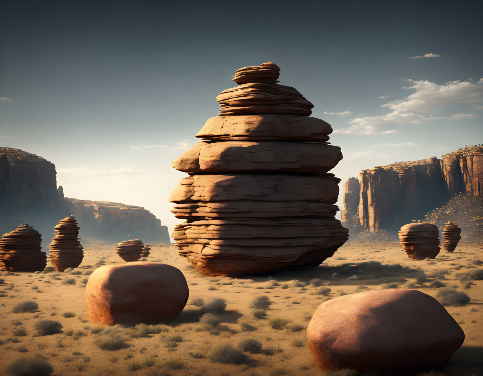 Rounded desert rocks in dusty landscape under clear blue sky