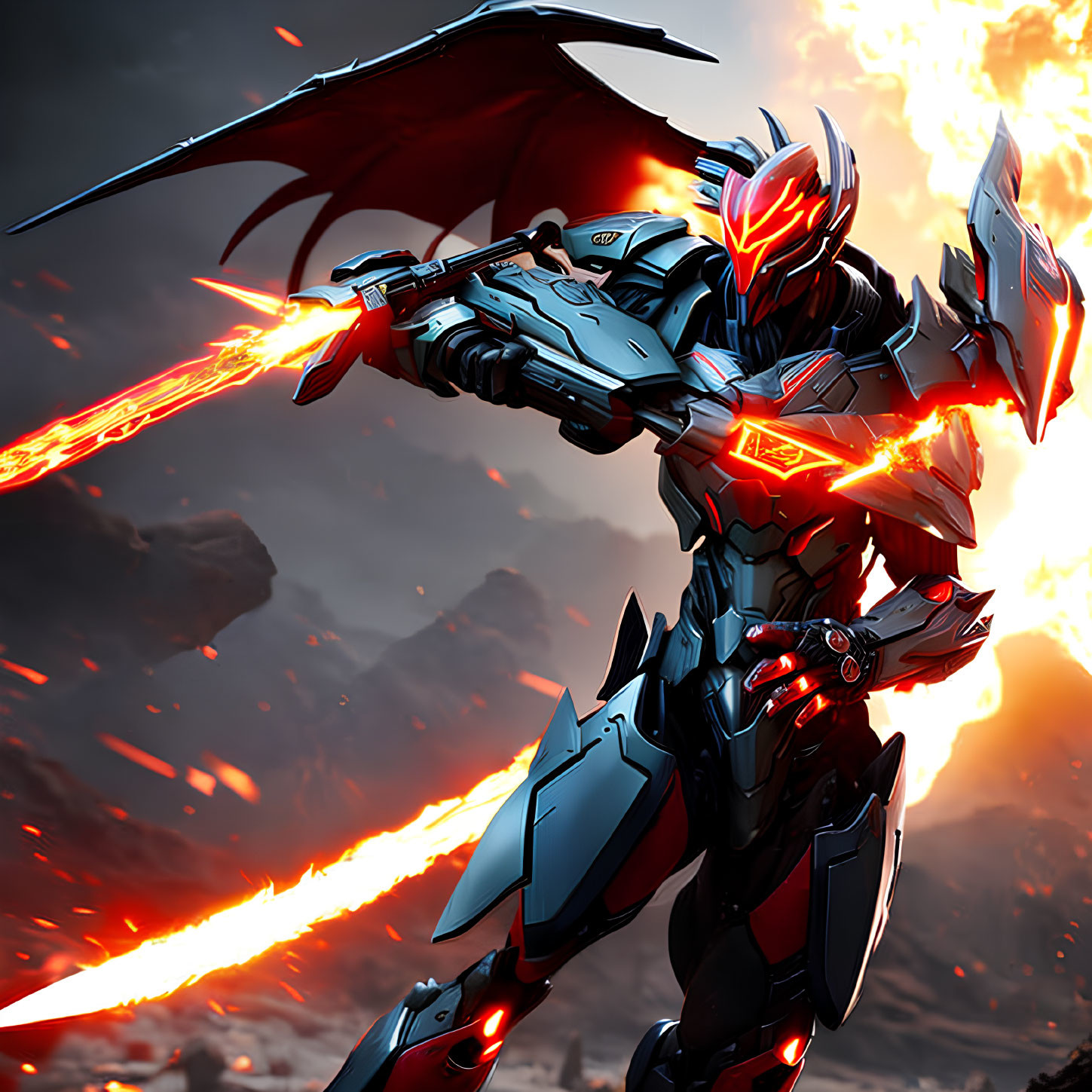 Red and Blue Armored Mech with Fiery Sword on Volcanic Battlefield