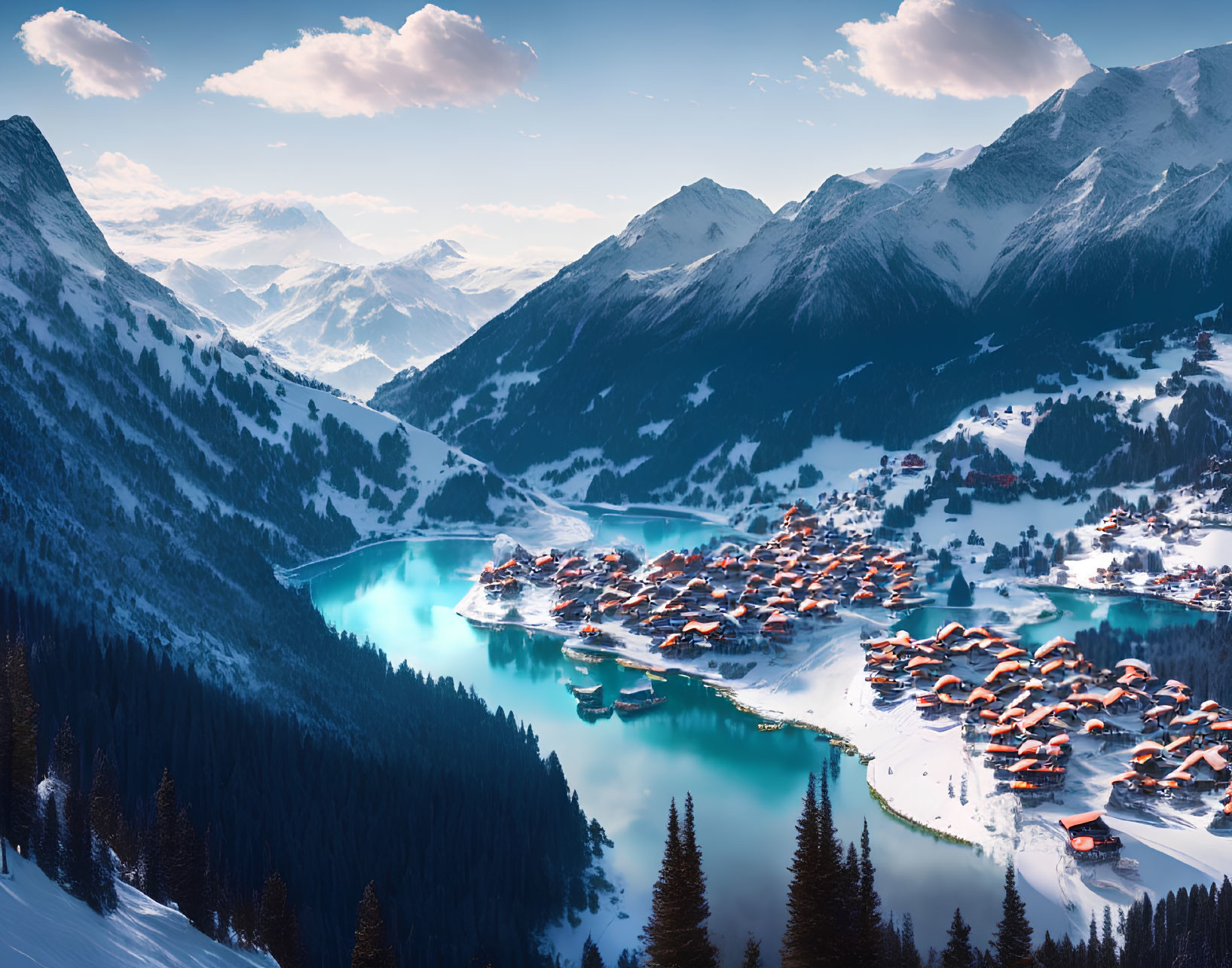 Alpine village by turquoise lake, snow-capped mountains, pine forests