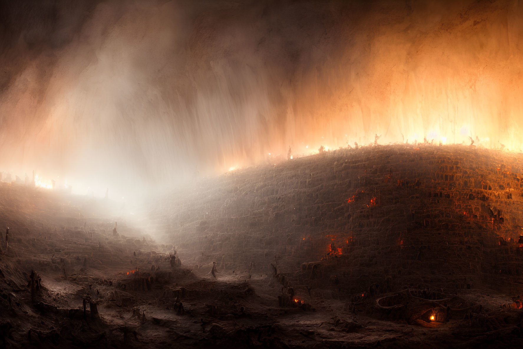 Mysterious underground cavern with fiery light and scattered figures.