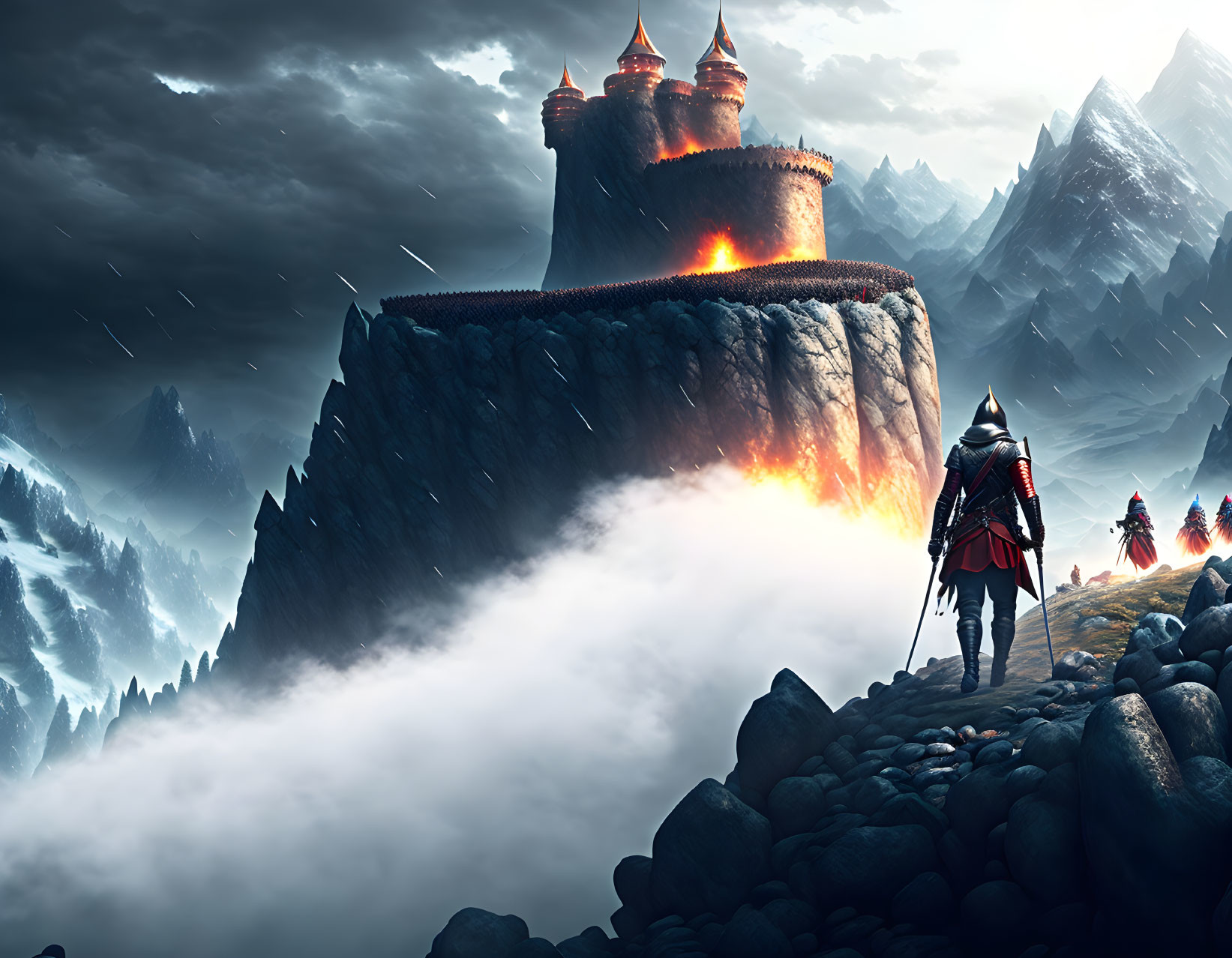 Knights near majestic castle on cliff amid mountains, mist, lava waterfall, twilight sky.