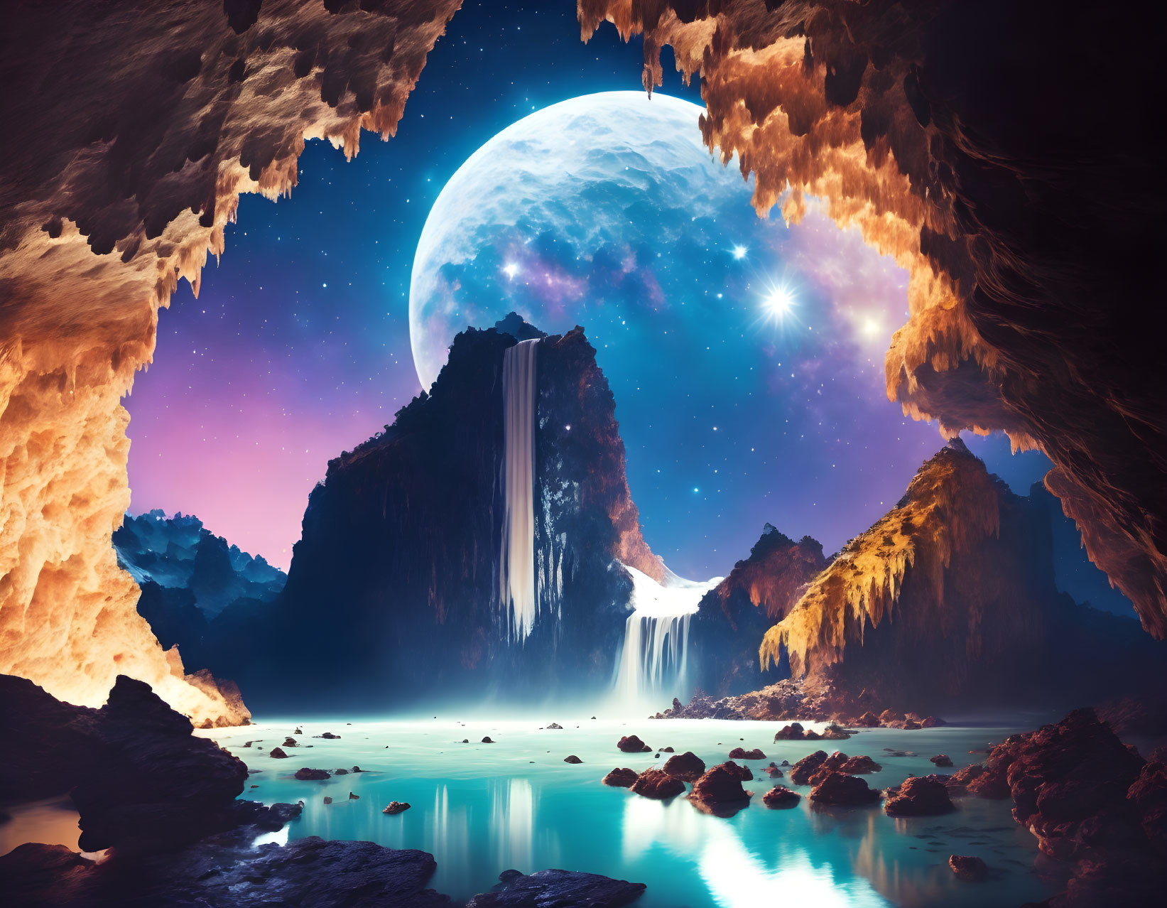 Fantasy cave landscape with waterfall, luminous lake, starry sky, oversized moon