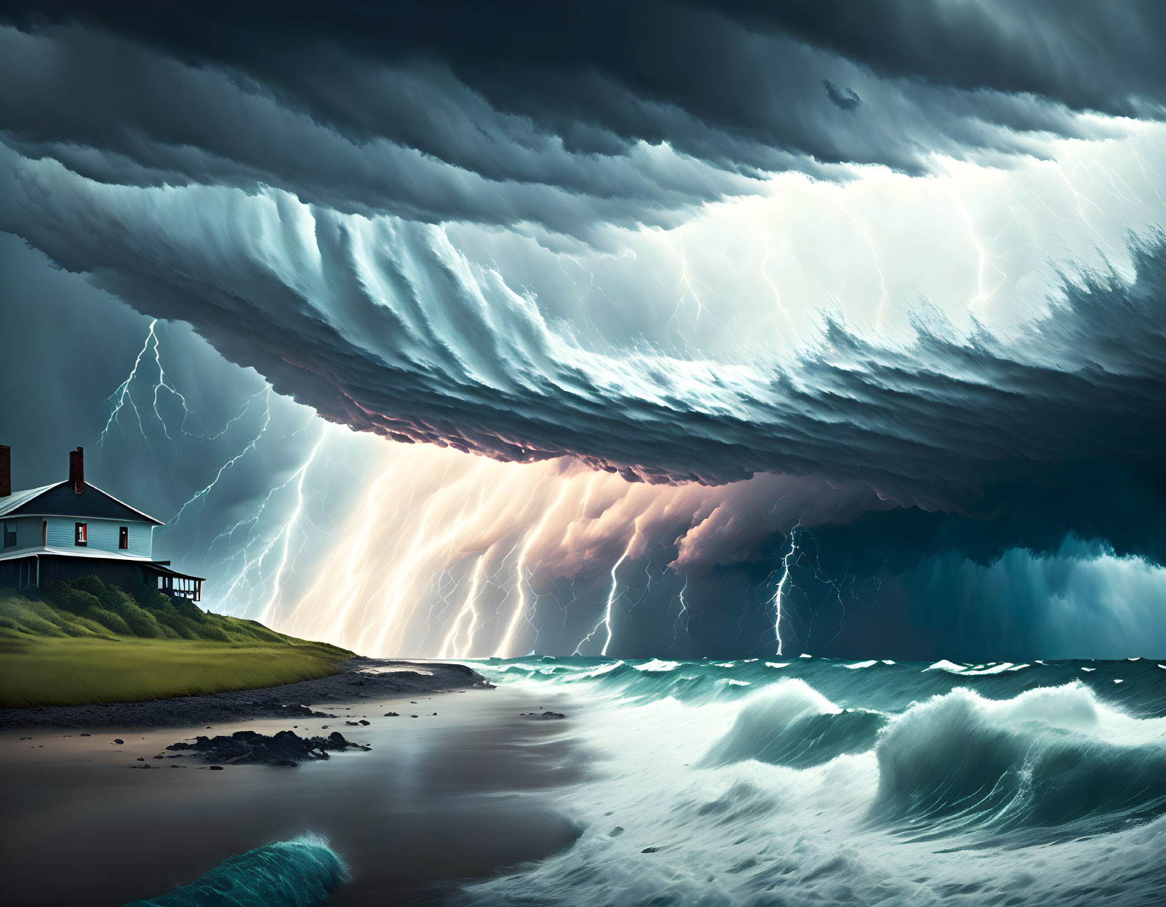 Stormy Ocean Scene: Lightning, Solitary Beach House