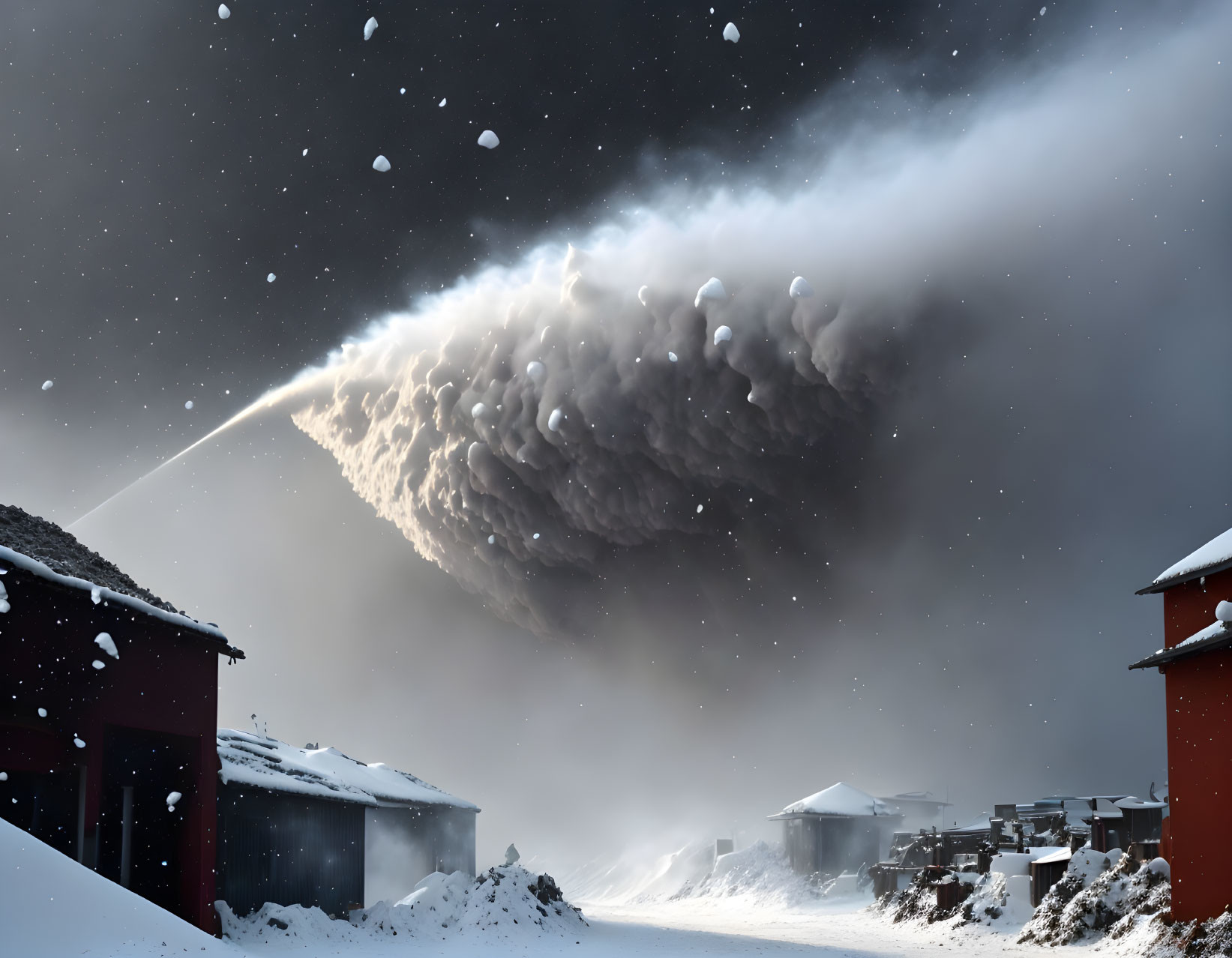 Volcano eruption: dark ash cloud over snowy buildings